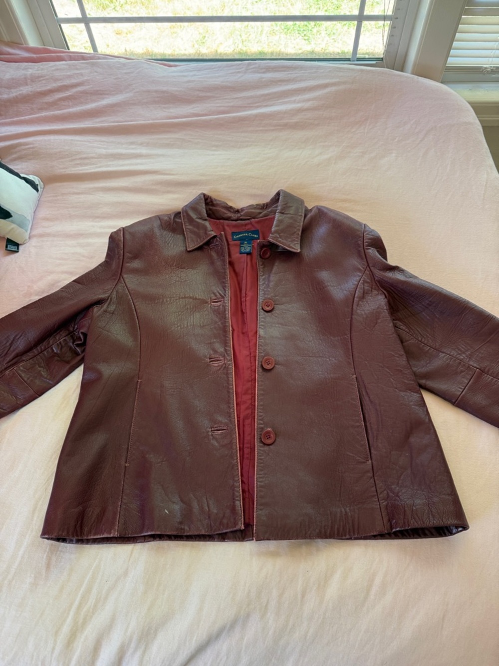 Charter Club Women's Burgundy Leather Button Jacket